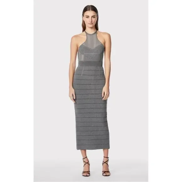 Herve Leger Textured Sheer Bustier Halter Gown Bandage Dress Silver Gray size L - Picture 15 of 15